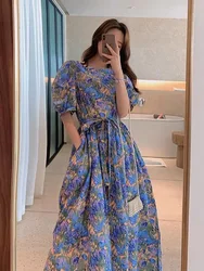 New Fashion Women Chic Floral Long Dress Ladies Casual Puff Sleeves Elegant Waist Slimming Dresses Clothing
