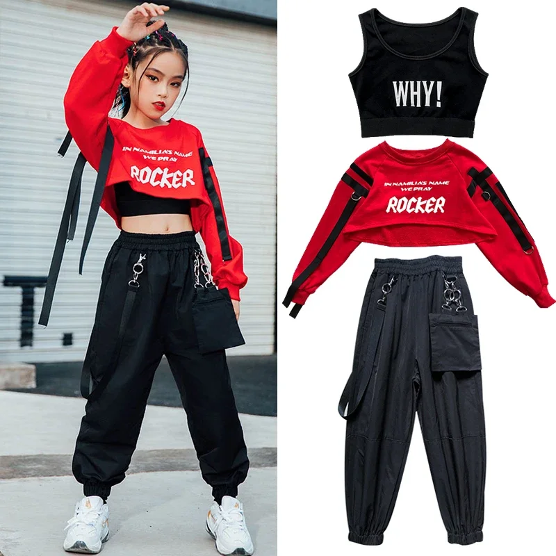 Kids Hip Hop Clothing Red Tops Black Pants Casual Overalls Street Dance Wear Jazz Performance Clothes Hip Hop Kids Wear