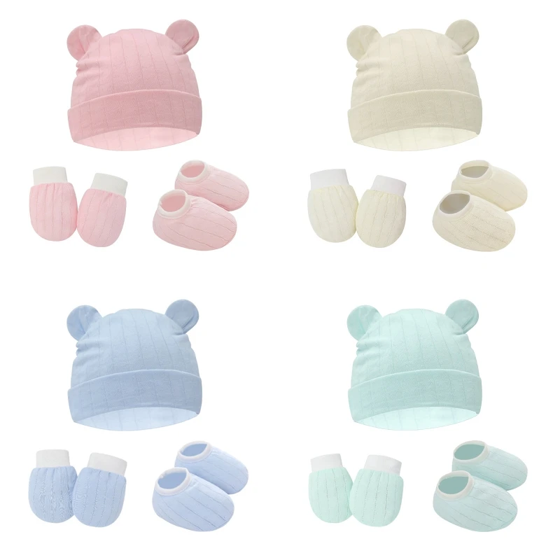 1 Set Baby Anti Scratching Gloves Cute Ears Hat Foot Cover Set Soft Cotton Newborn No Scratch Mittens Socks Beanies Cap