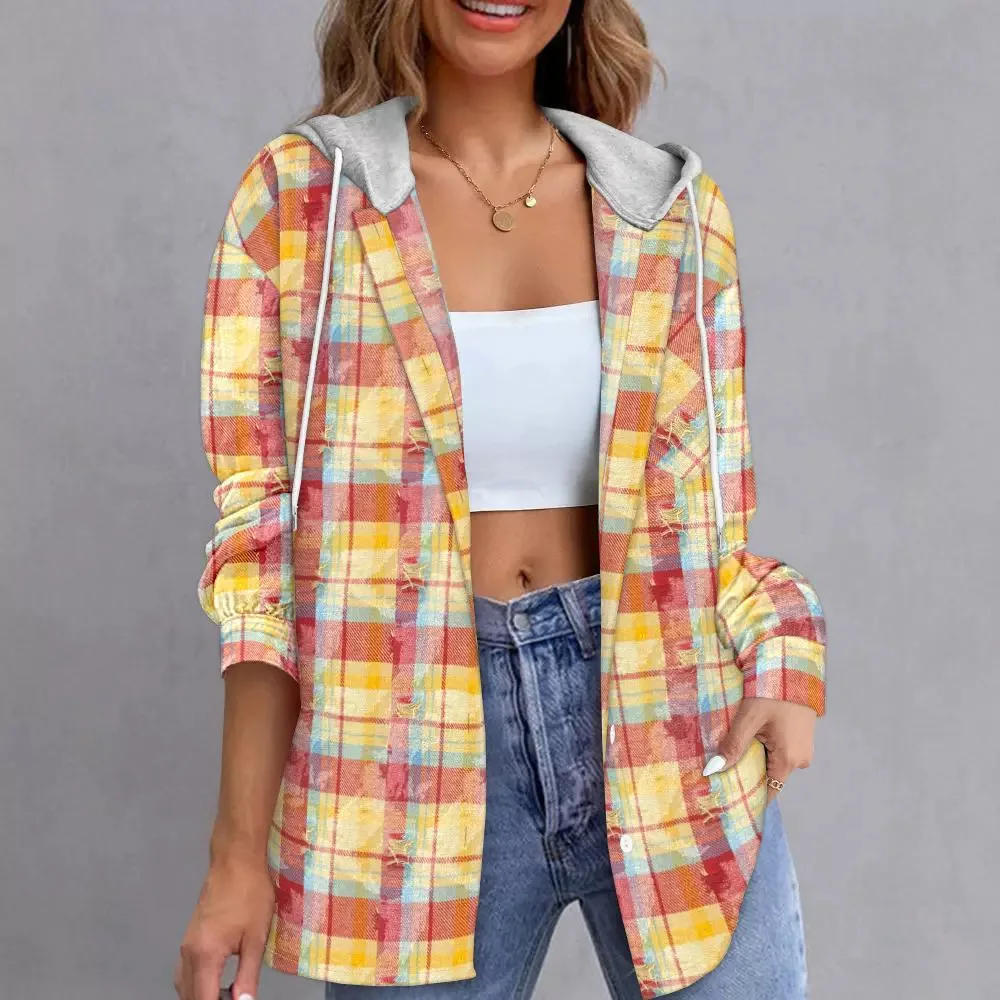 Colorblock Plaid Print Distressed Hooded Coat Shacket Women Autumn Long Sleeve Jacket Coats