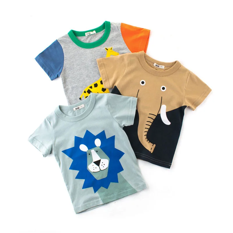 

2023 Summer Children's Clothing New Boys and Girls Short Sleeve Cute Cartoon Elephant/Giraffe/Lion Animal Printed Cotton Top