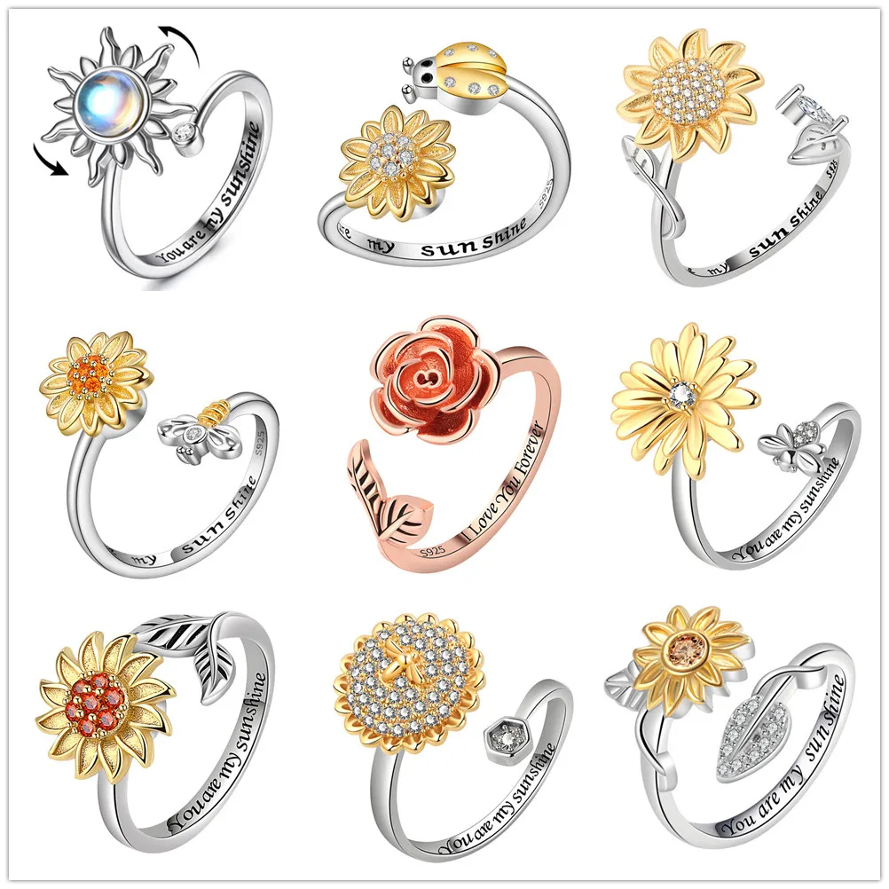 Sunflower Engraving Spinning Anxiety Ring for Women with Copper Inlaid Rhinestone Anti-Stress Fidget Spinner Ring anillos