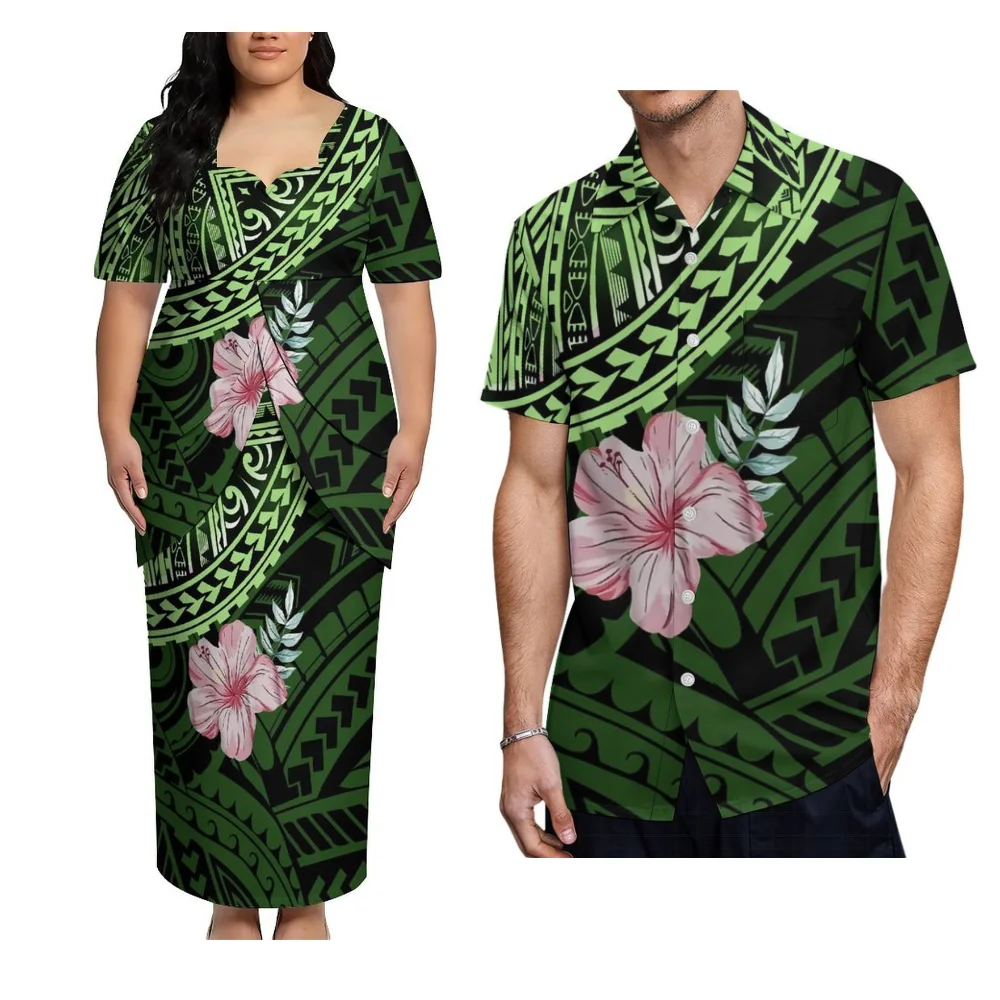 Conjuntos de Verão para Casais: Vestidos Femininos Confortáveis e de Tecido Macio e Camisas Masculinas Polinésias Puletasi - Roupas da Moda