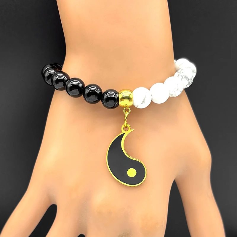 تاي تشي يين يانغ زوجين سلسلة للنساء الرجال الفولاذ المقاوم للصدأ أبيض أسود الخرز الصينية الفن الإيمان قلادة القلائد مجوهرات هدية #4