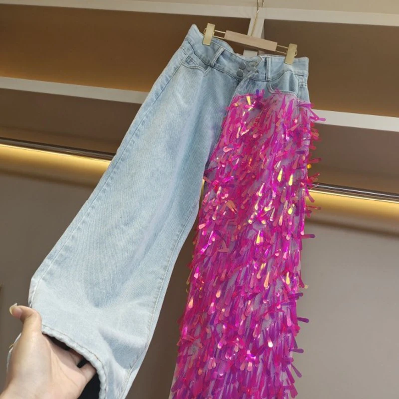 Pantalones vaqueros empalmados con lentejuelas para mujer, moda urbana, primavera y otoño, 2023