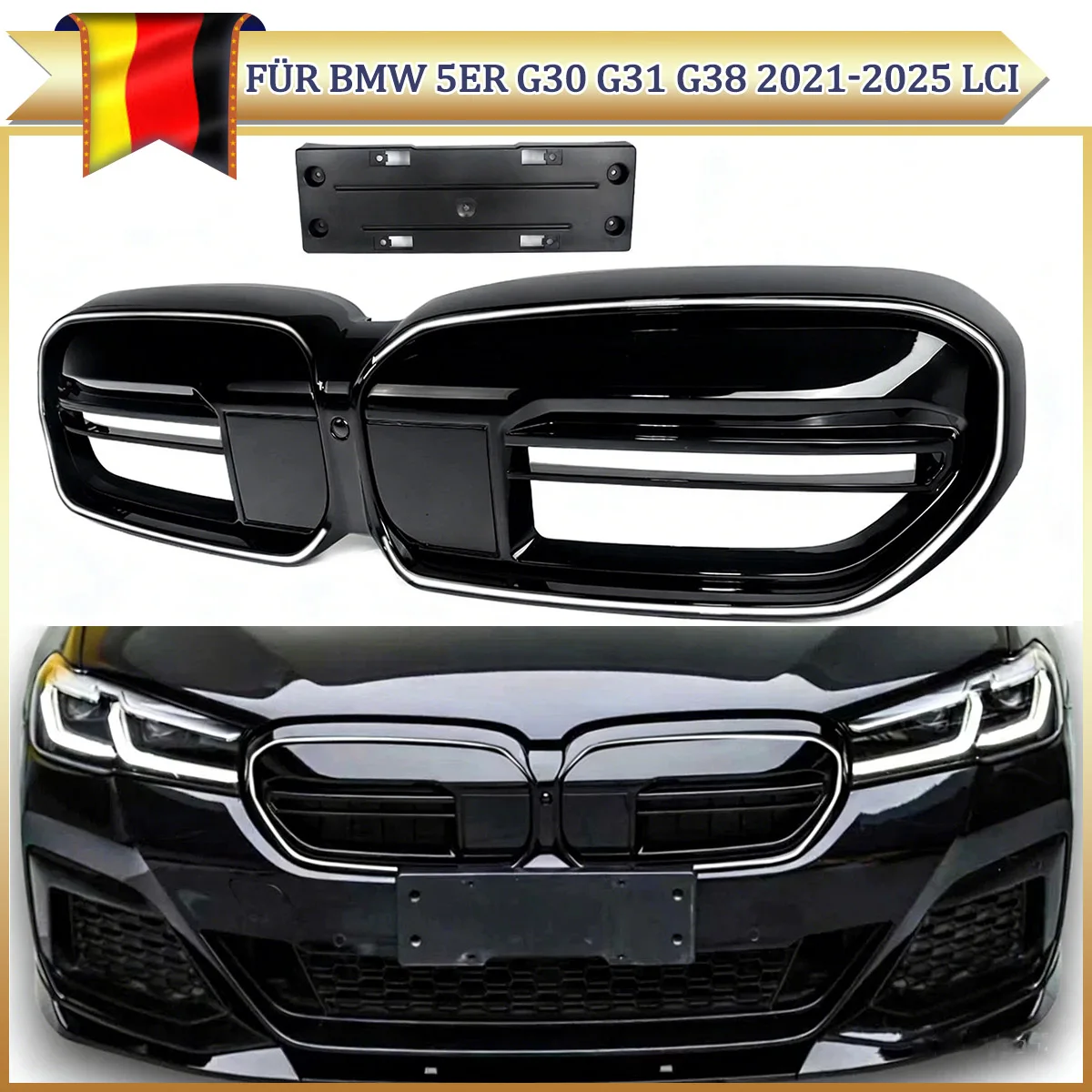 Für BMW 5er G30 G38 G31 2021-2025 LCI Racing Kühlergrill Mesh 530i 540i 550i M5 Glanzschwarz M60 Style Stoßstangen-Nierengrill