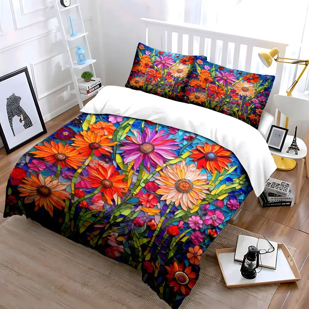 Colorful Floral Mosaic Set Wall Decor Multiple sizes kid's and adults' bedroom Exquisite 3PC bedding set, gift