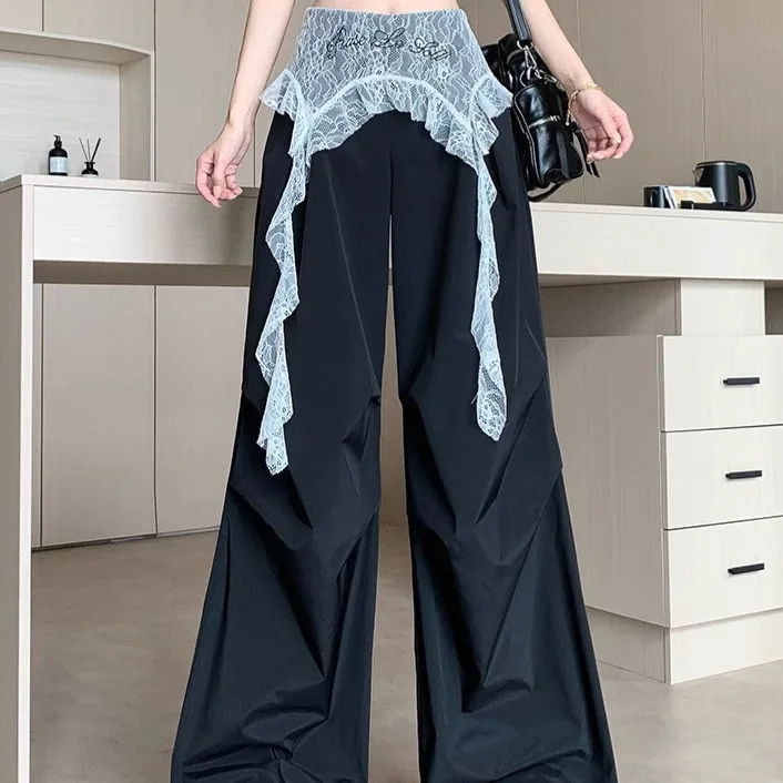 2025 الربيع والصيف الساخن نمط تنوعا الدانتيل الربط فضفاض عطلة عادية قطعتين سوبر الساخن واسعة الساق العمل بنطلون