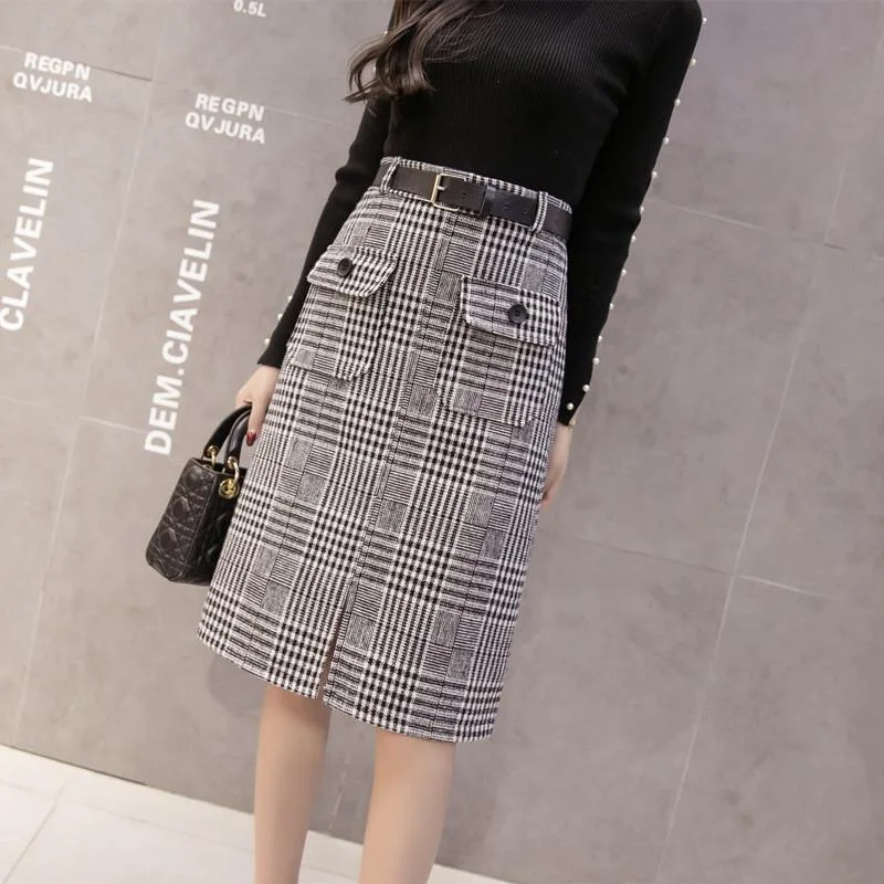 Winter Skirts for Women Knee Length Luxury False Pockets Office Lady Casual A-Line High Waist Plaid Skirt Korean Style with Belt