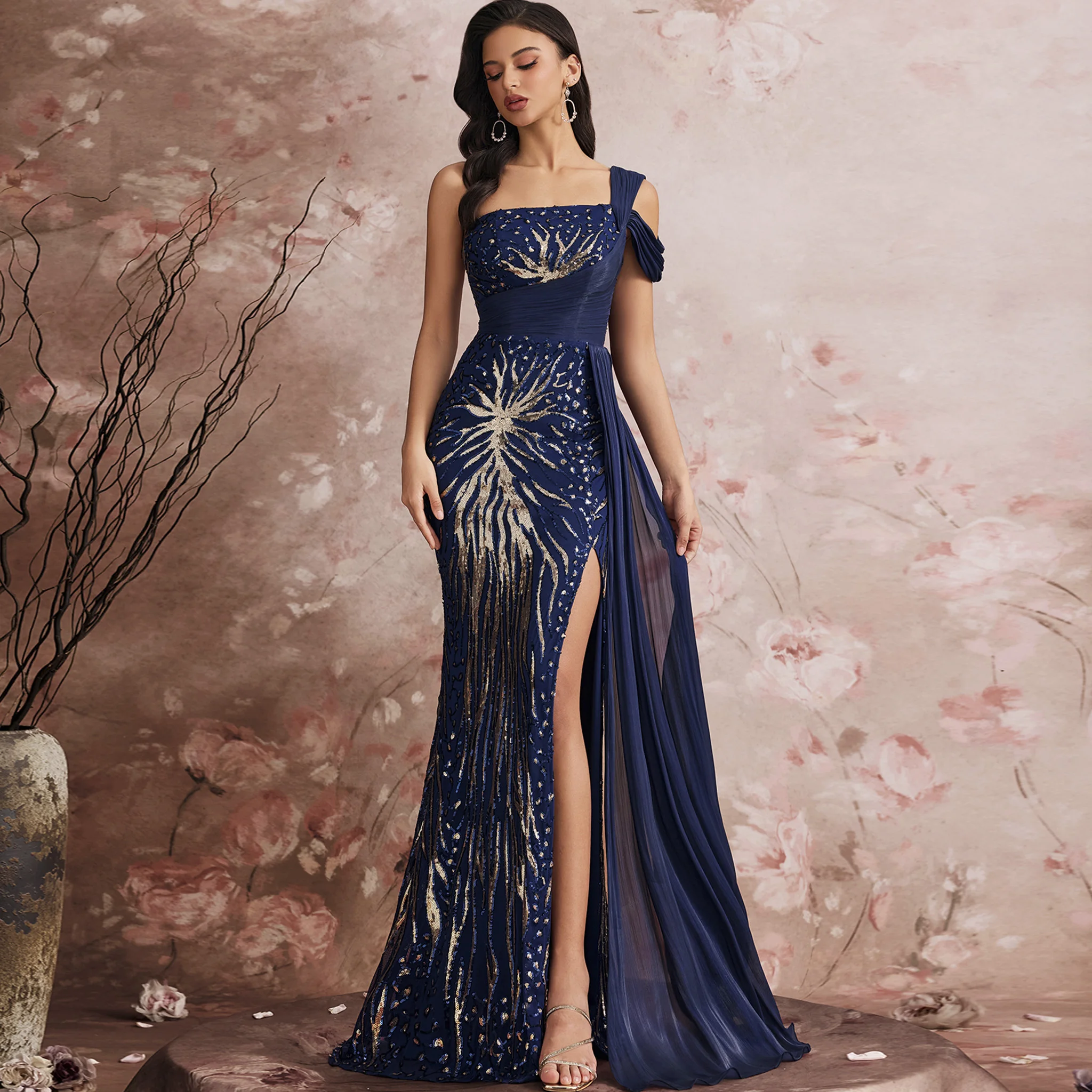 

Rosymae Темно-синее вечернее платье в стиле русалки с открытыми плечами и высоким боковым разрезом, украшенное золотыми пайетками, для торжественных случаев