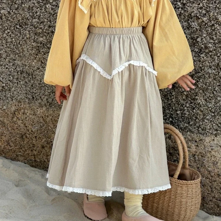 Girls Skirts 2024 Spring New Children Korean Style Niche Design Lace Half Embroidered Long Skirts Casual Simple and All-matching