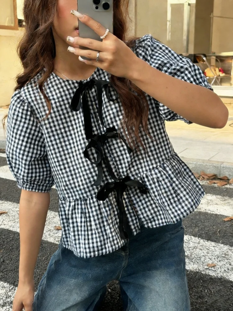 Plaid Pattern Puff Sleeve Blouse for Women Summer Casual Preppy Style Round Neck Short Sleeve Knot Front Top Streetwear