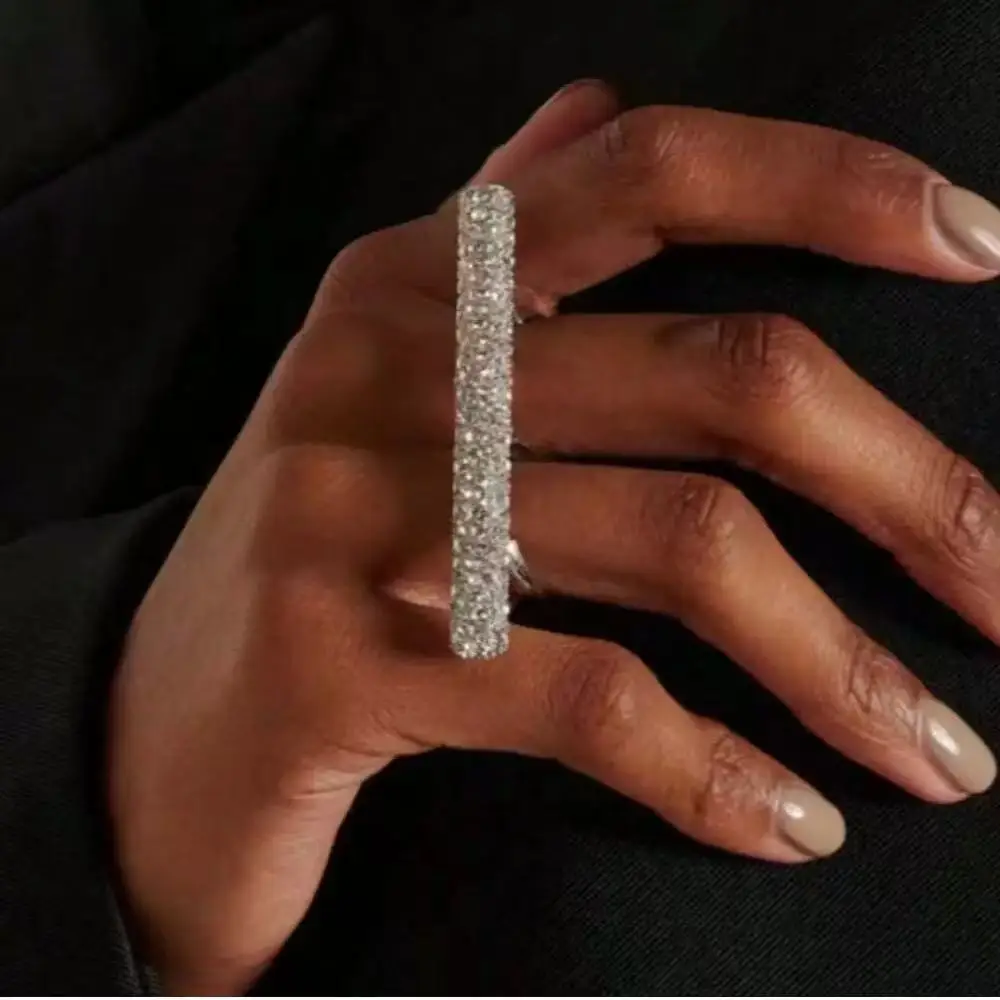Exaggerate Rhinestone Large Double Finger Ring for Women Personalized Geometric Ring Open Wedding Party Jewelry
