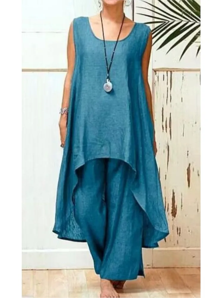 

Summer Casual Loose Long Pants Sets Women's Fashion Solid Irregular Sleeveless Tops + Wide Leg Pant Suits Woman Two Piece Sets