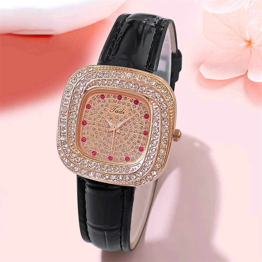 Luxury Ladies Full Star Diamonds Square Quartz Watch Fashion Women's Black Leather Business Clock Gift Wristwatch