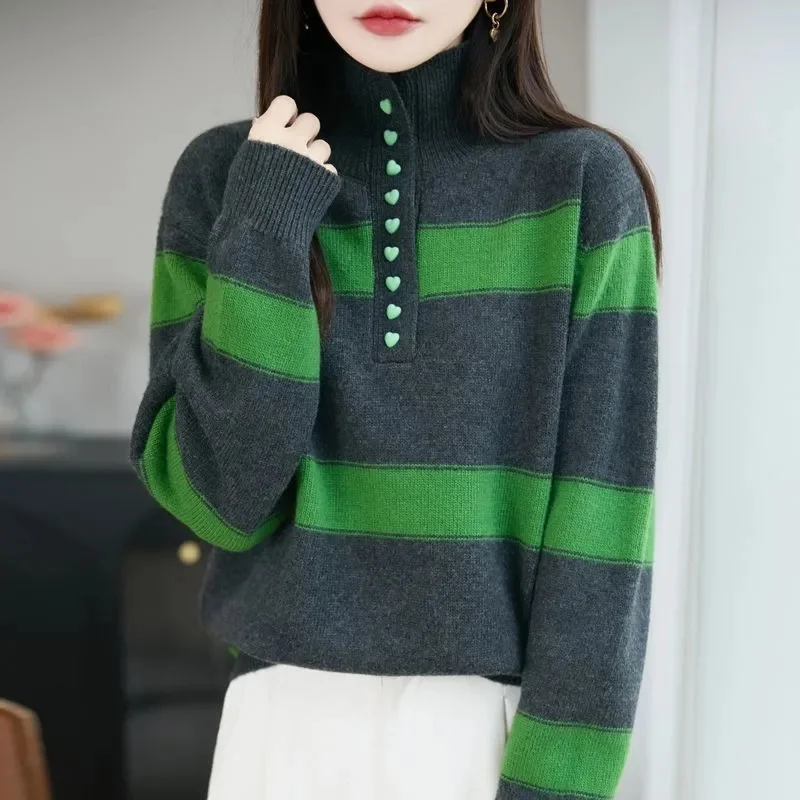 

Новинка 2026, осенне-зимний женский свитер с длинным рукавом, повседневные пуловеры в полоску, вязаный свитер, женский свободный вязаный джемпер с низом, топы