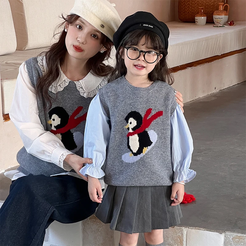 

100% pure wool Children's knitted sleeveless sweater parent-child sweater Boys girls autumn fashion wool knitted vest sweater