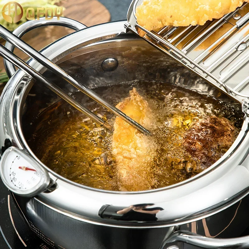 304 Stainless Steel Kitchen Tempura Fryer Pan 20 /24 /28cm Japanese Deep Frying Pot with a Thermometer and a Lid