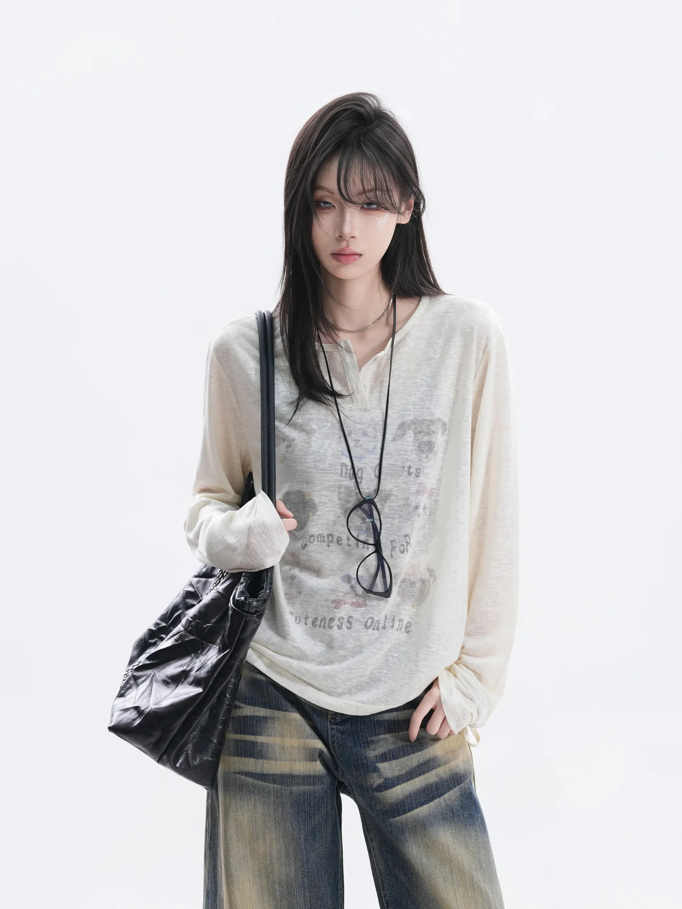 

American Retro Cartoon Dog Print Long Sleeve Women's Slim Fit T-Shirt Breathable Casual Style Summer Top for Young Ladies
