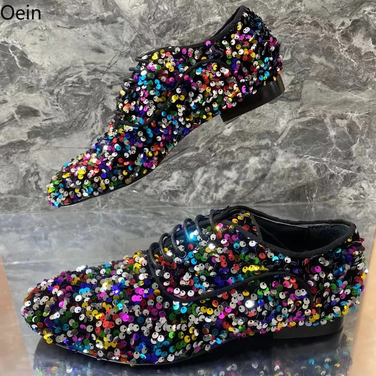 

Mens Sequins Bling Rainbow Colors Lace Up Wingtips Low Heel Pointed Toe Party Wedding Shoes Dress New 2025