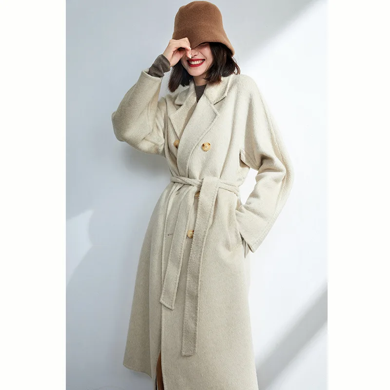 Winter camel wool double-sided woolen coat women's high-end solid color lace-up medium and long thickened lamb wool coat