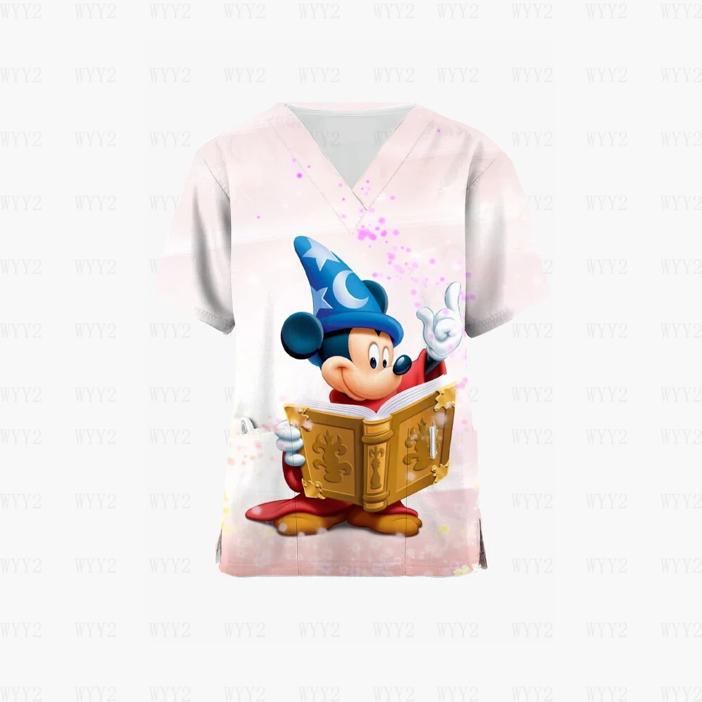 ผู้หญิงชุดทำงานพิมพ์สัตว์ Disney Mickey Minnie แขนสั้น V คอผู้หญิงเสื้อกันหนาวพยาบาล Overalls Medical Uniform