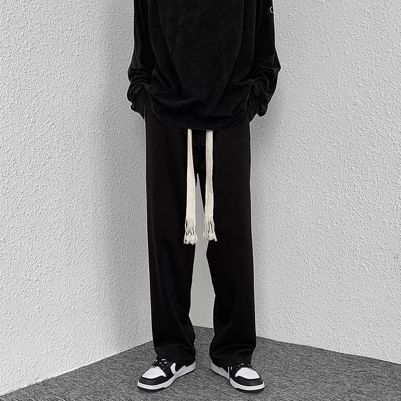 

Casual Loose Wide Leg Men's Trousers Summer Hong Kong Sle Trendy Straight Cut Long Pants Polyester Fiber 00% Comfortable Fit