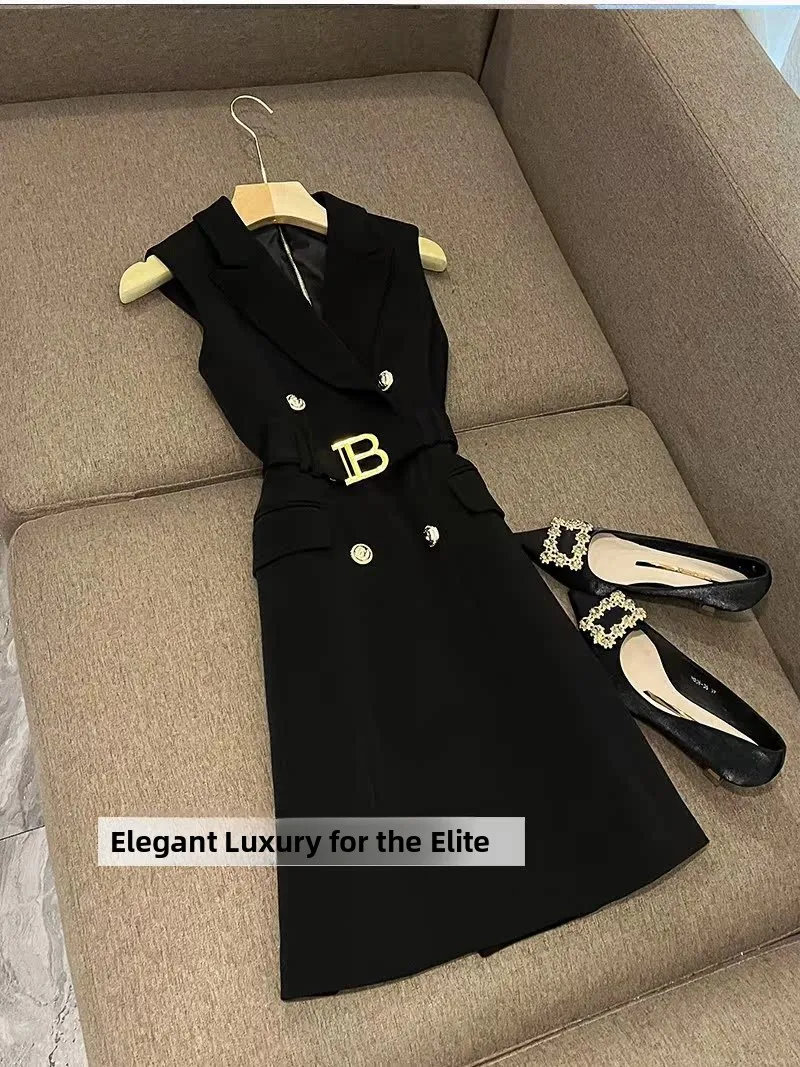 

Elegant Summer 2026 Sleeveless Belted Four Button Slim Fit Dress Back Zipper Casual Style mid Waist V Neck City Commute
