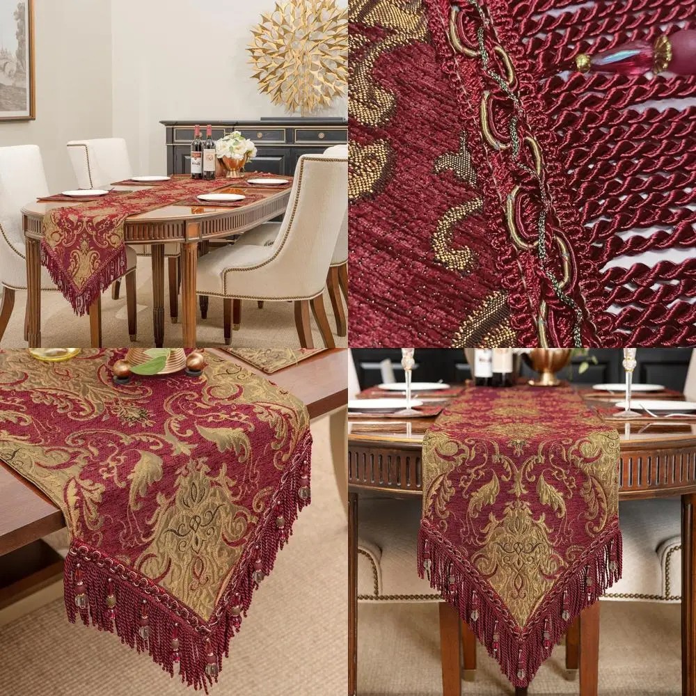

Red Damask Chenille Table Runner, 72 Long with Tassels, for Dining, Parties & Christmas Decor (13x72)