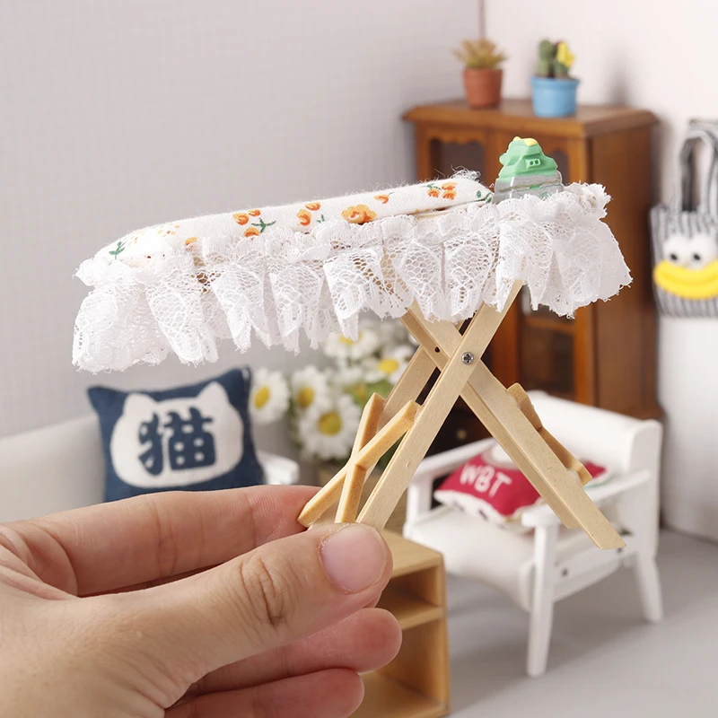 1:12 Dollhouse Miniature Simulation Wooden Ironing Board Mini Flat Iron Furniture Model Sewing Life Scene Decor Micro Scene Prop