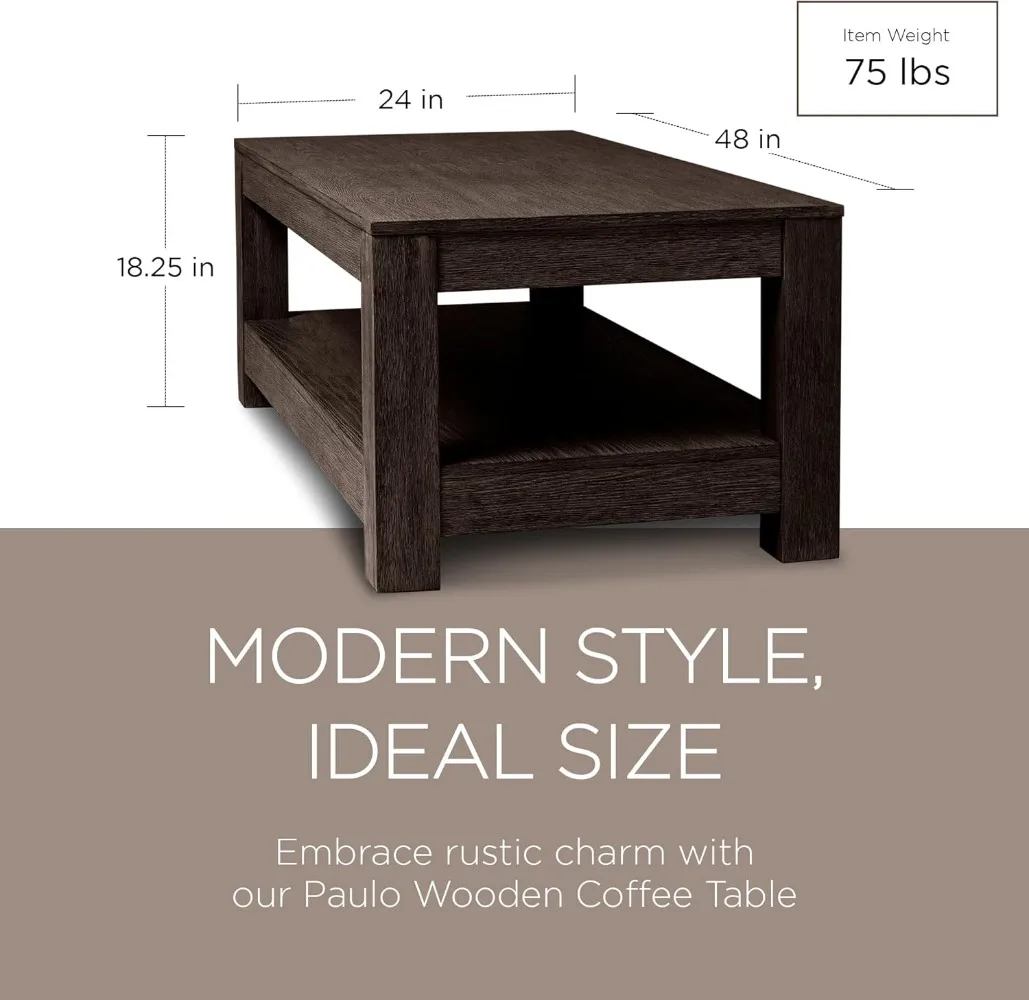 Paulo Large 2 Tier Rustic Rectangle Wooden Center Coffee Table with Shelf Storage for Living Room in Weathered Brown Finish