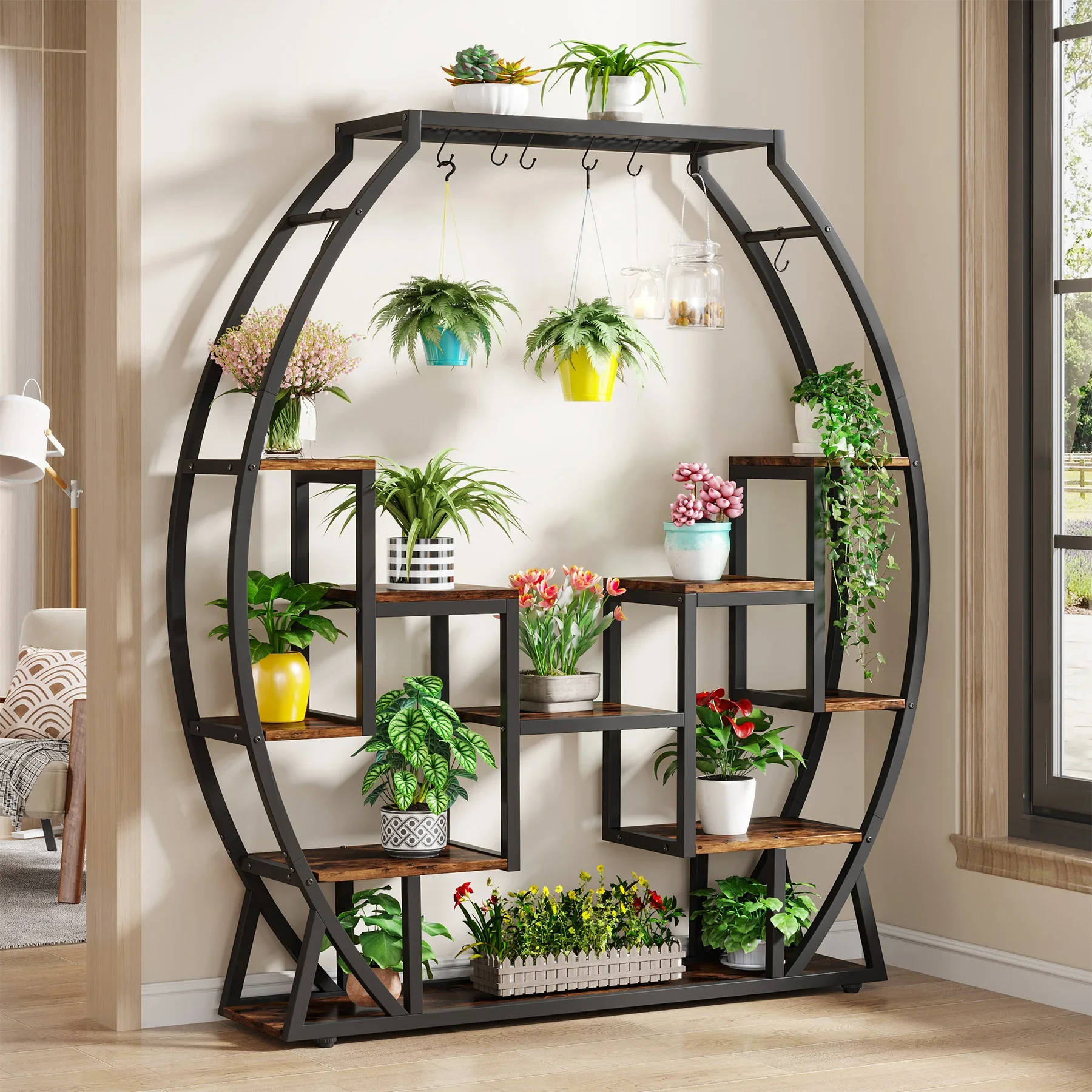 

5-Tier Indoor Plant Stand, 69.69 Inches Tall Plant Shelf with 8 Hooks, Multi-Tiered Potted Flower Display Rack