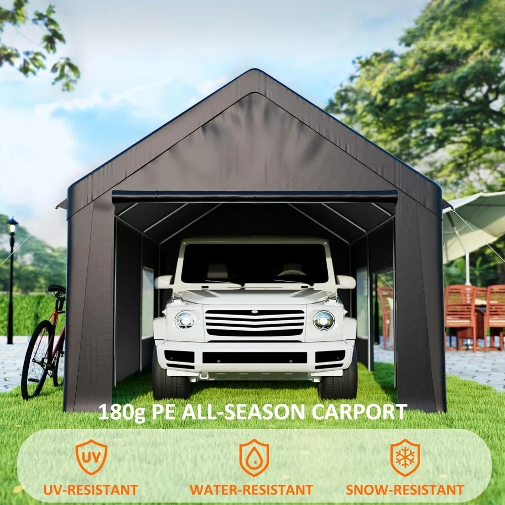 Carport 12x20 FT Heavy Duty Carport Canopy with Enhanced Base & Side-Opening Door, Portable Garage for Pickup, Black