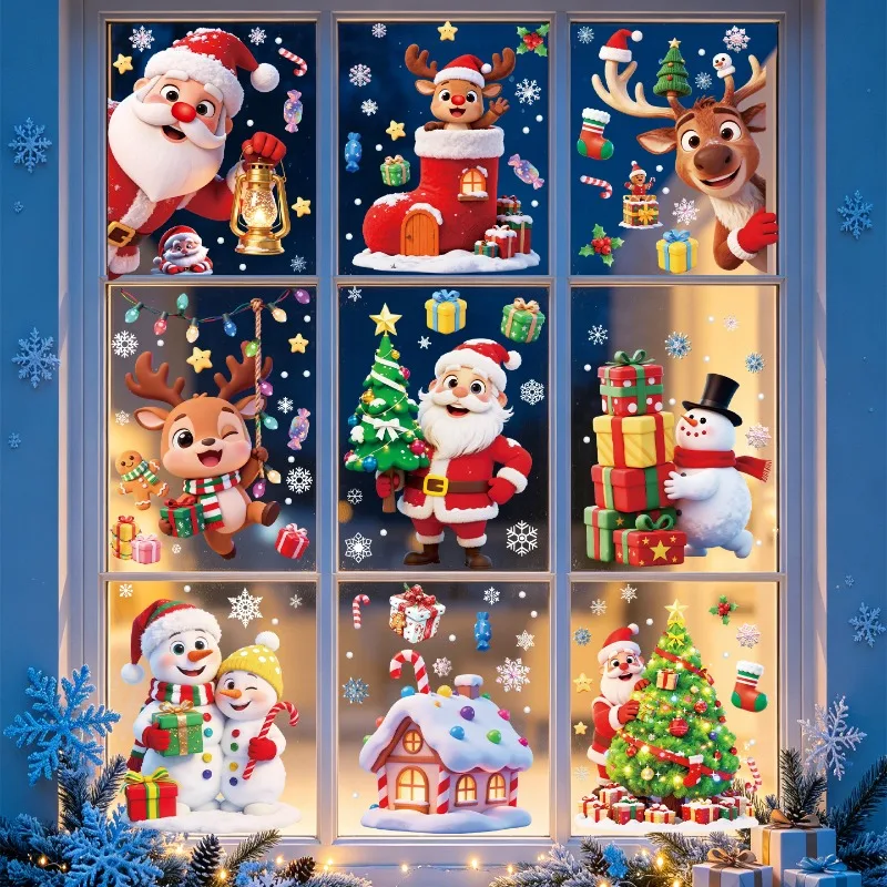 Christmas Static Window Stickers Santa Reindeer Snowman Snowflake Xmas Glass Decals Removable Christmas Home Window Decor Clings