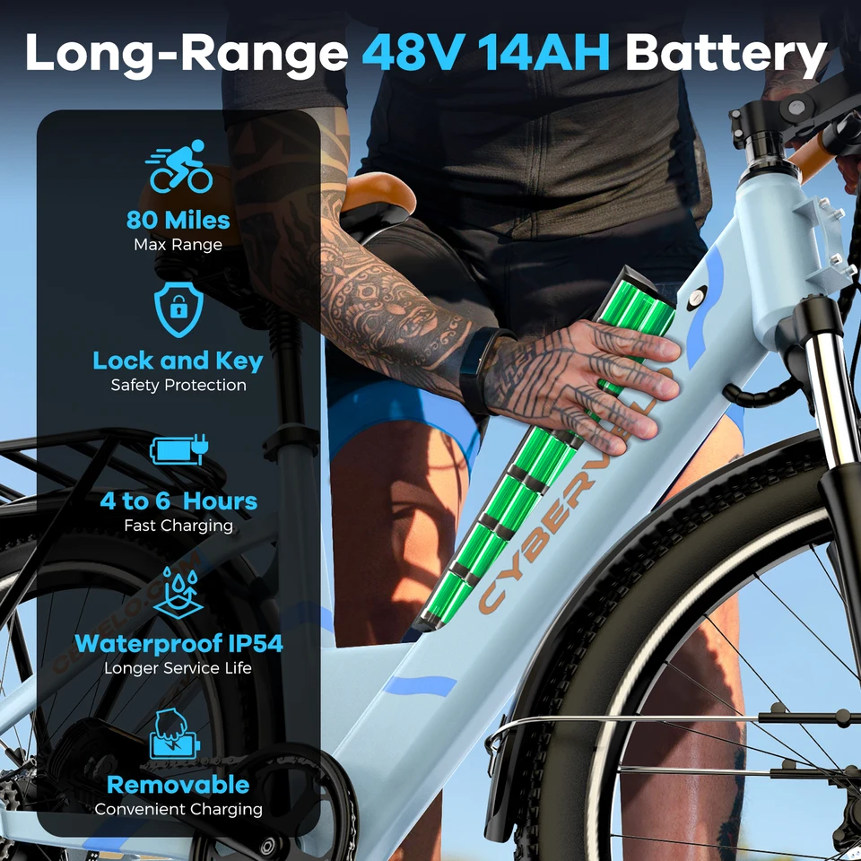 Cybervelo 1000W Peak Electric Bike 26 Inch 7-Speed Removable Battery 80 Miles Range Ebike for Men And Women Beach Snow Commute EK2 image 9