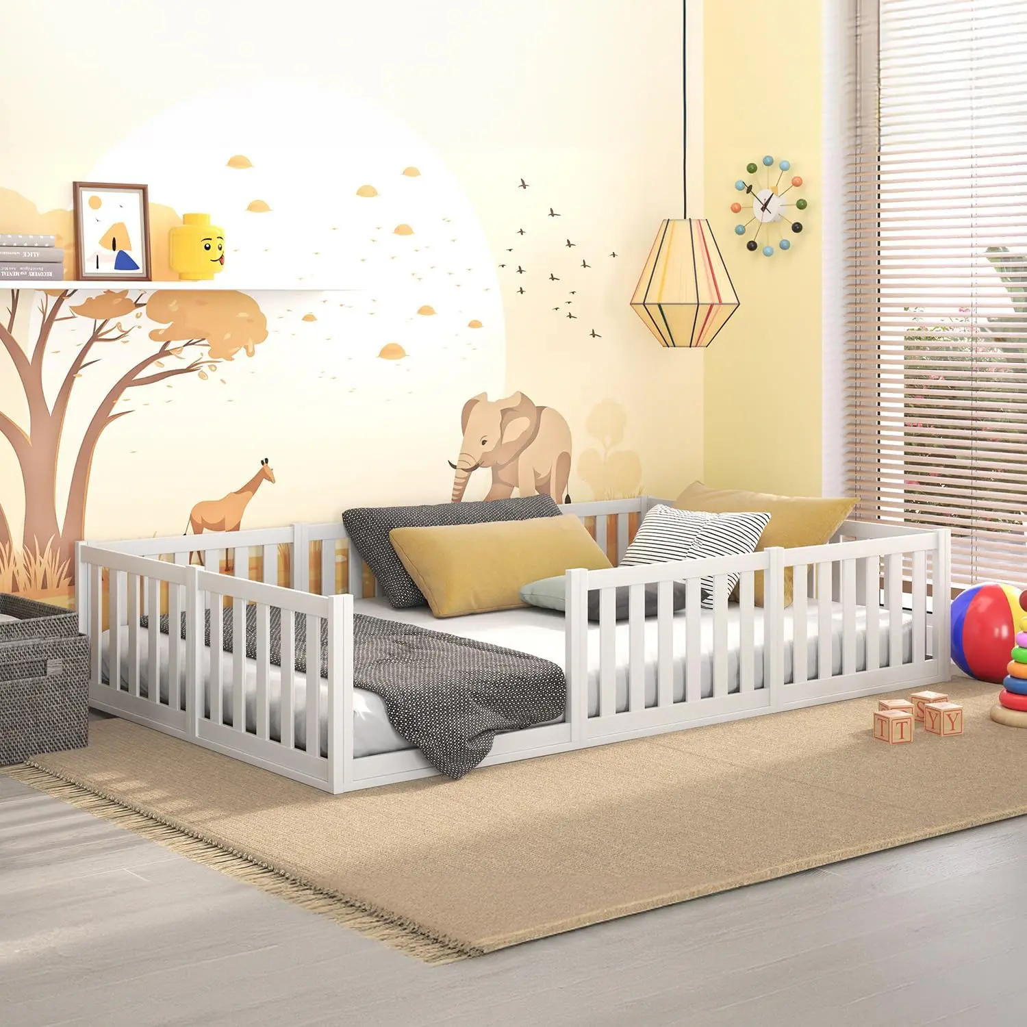 Teso 120x200 cm, Bianco, Letto per bambini, Convertibile, Stile Montessori, Legno massello di pino con doghe, fino a 150 kg di