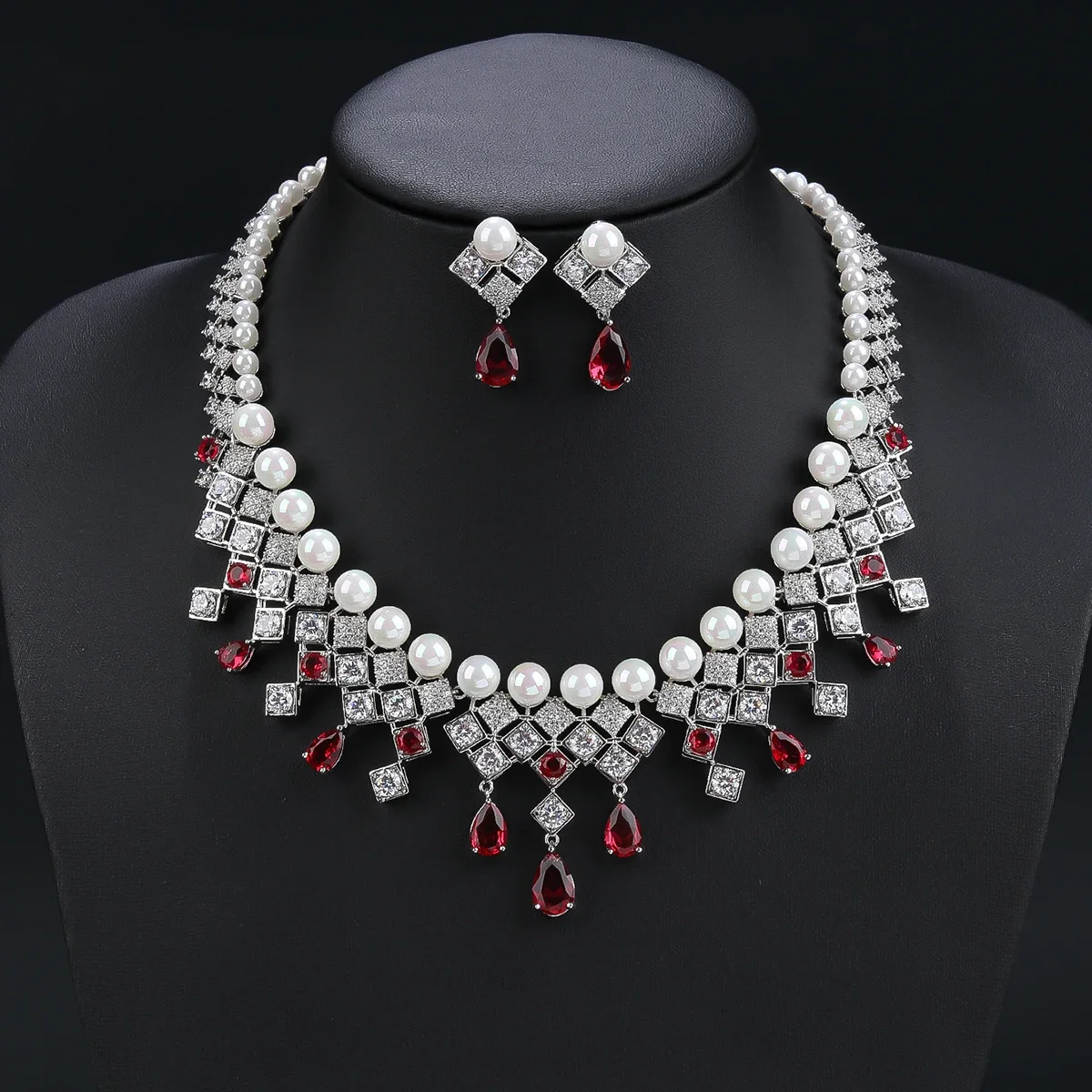 Luxury 2Pcs White ,Red, Blue Necklace Earrings Set Pearl Cubic Zircon Women Wedding Party Jewelry Set CN11219