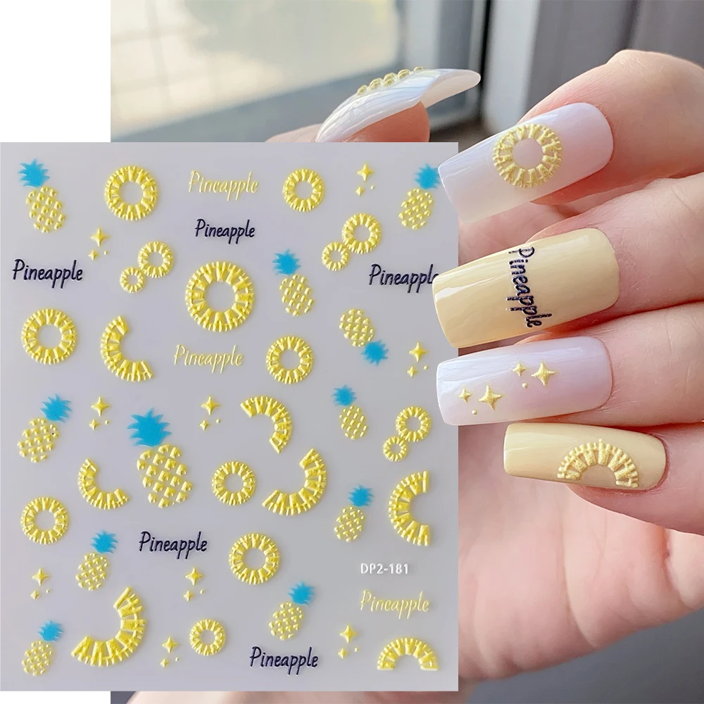 1pc 5D Pineapple Fruits Nail Art Stickers Relief Yellow Summer Adhesive Nail Sliders Orange Watermelon Lemon Strawberry Manicure