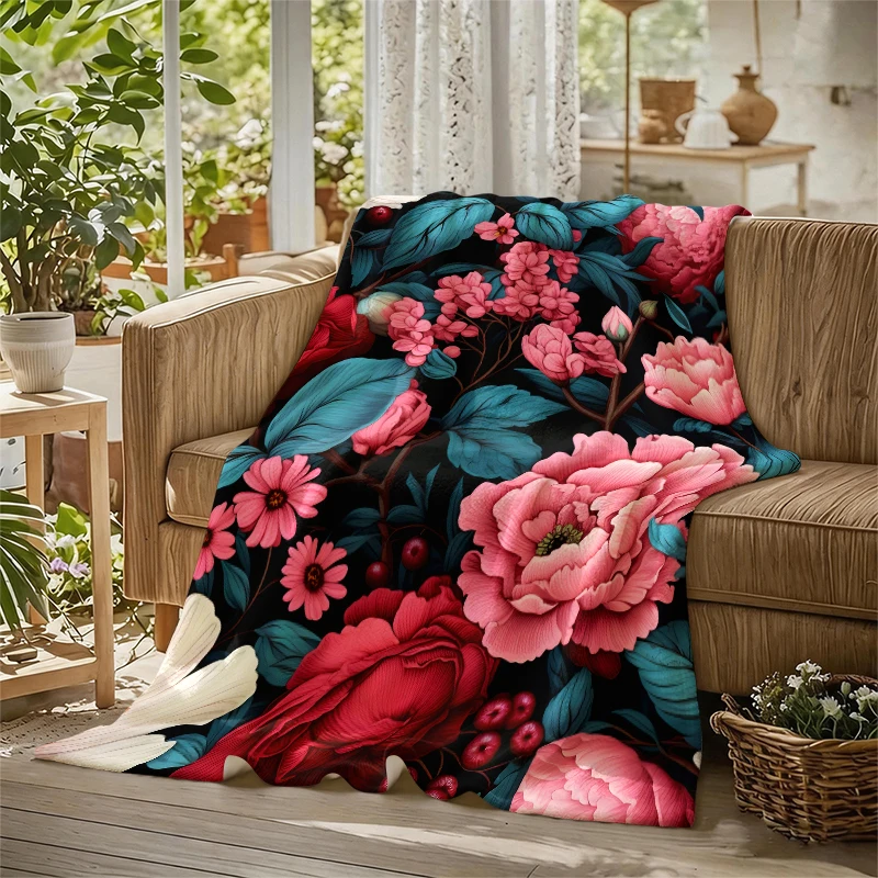 Pink Flowers Blue Berries Ultra-Soft Fluffy Flannel Blanket Super Cozy Lightweight Bed Blanket for Halloween Sofa Bed Christmas