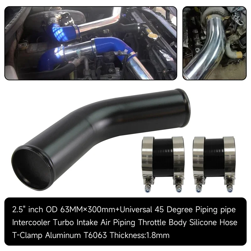 

Universal 45 Degree 57-76mm/2.25"-3.0" Aluminum Intercooler pipe + 2pcs Silicone hose +4pcs T-Clamps Black
