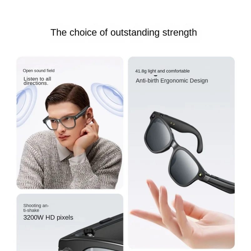 Inteligentne okulary z 800 tys. pikseli, 4 GB pamięci, AI do tłumaczenia w czasie rzeczywistym, rozpoznawaniem zdjęć i funkcją połączeń Bluetooth.