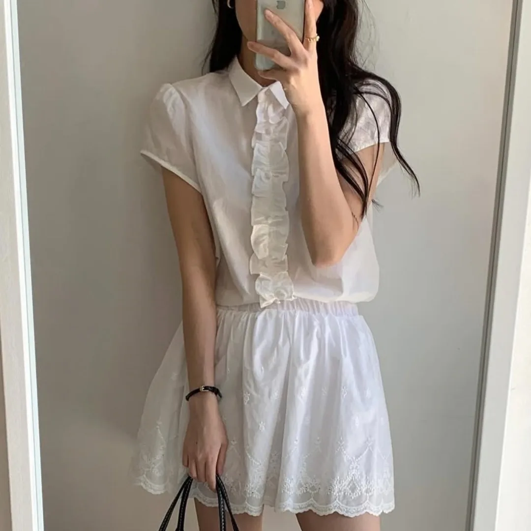 Elegancka koreańska bluzka damska, słodka, codzienna, wyszczuplająca, zapinana na jeden guzik, z plisowanym kołnierzykiem, letnia moda.