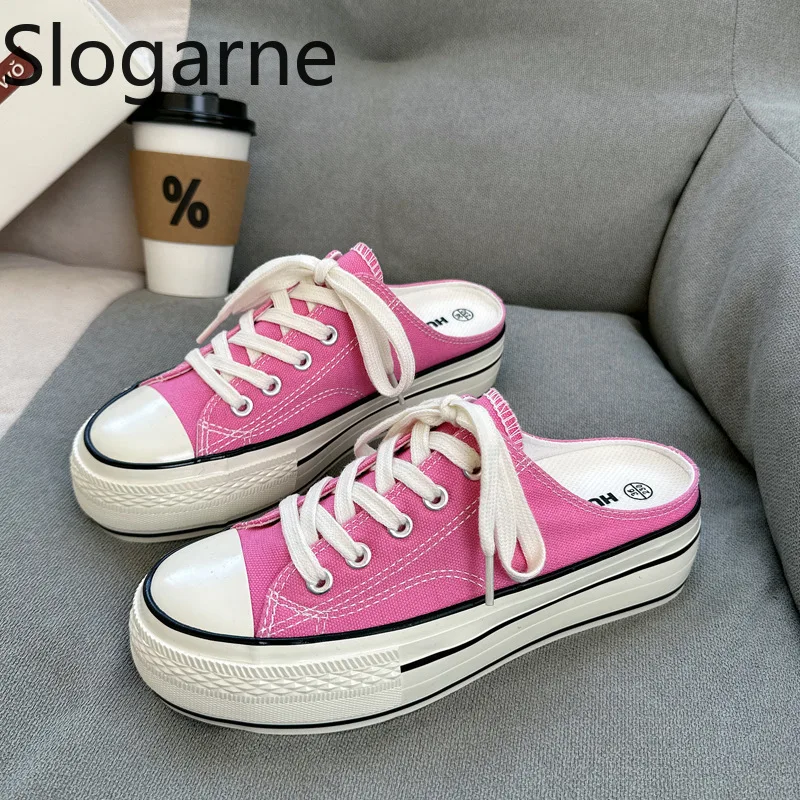 Women New Canvas Slippers Ladies 5CM Thick Sole Platform Shoes Girls Summer Casual Platform Shoes Height Increased Canvas Shoes
