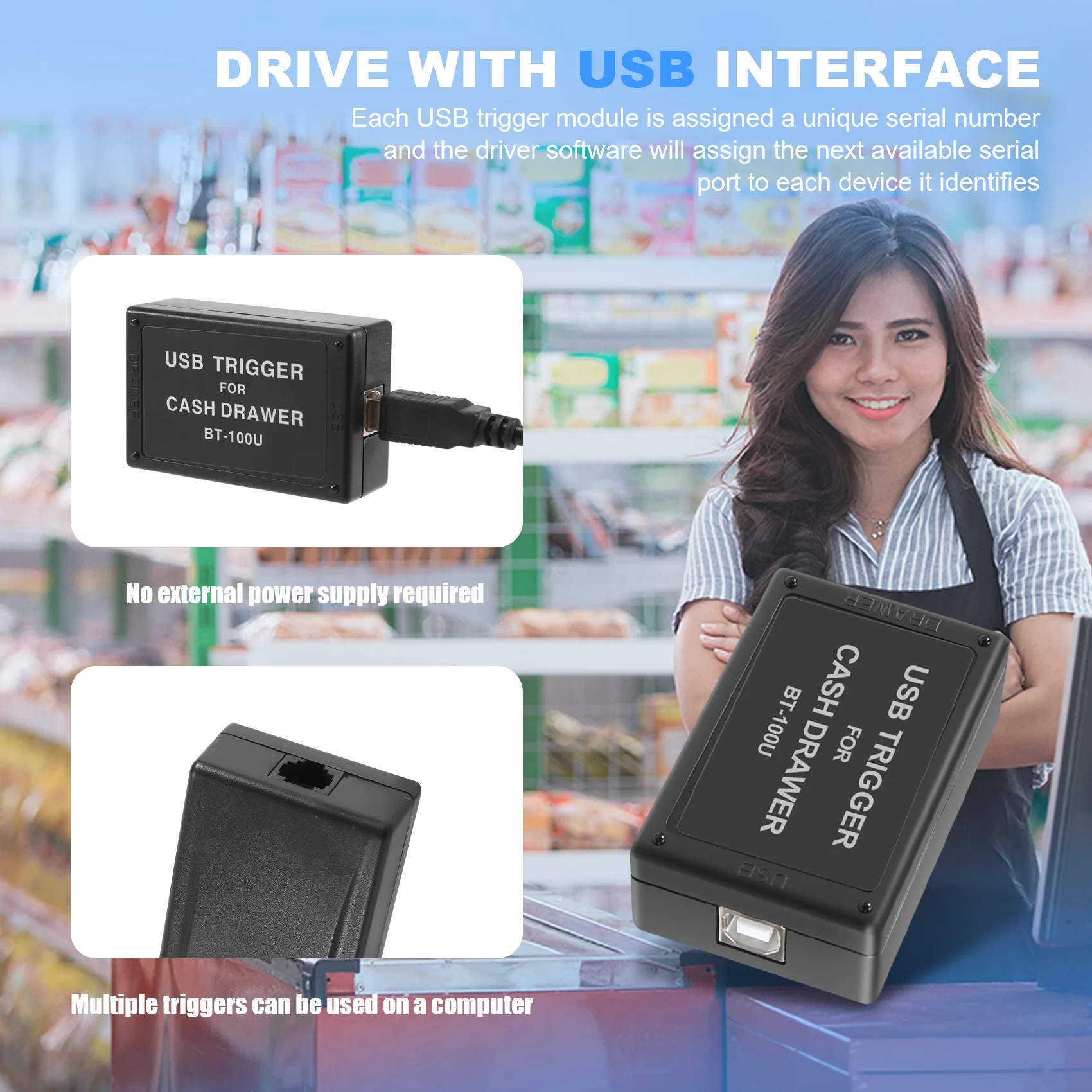 Gatilho de driver de gaveta de dinheiro AA58 BT-100U com gatilho de gaveta de interface USB