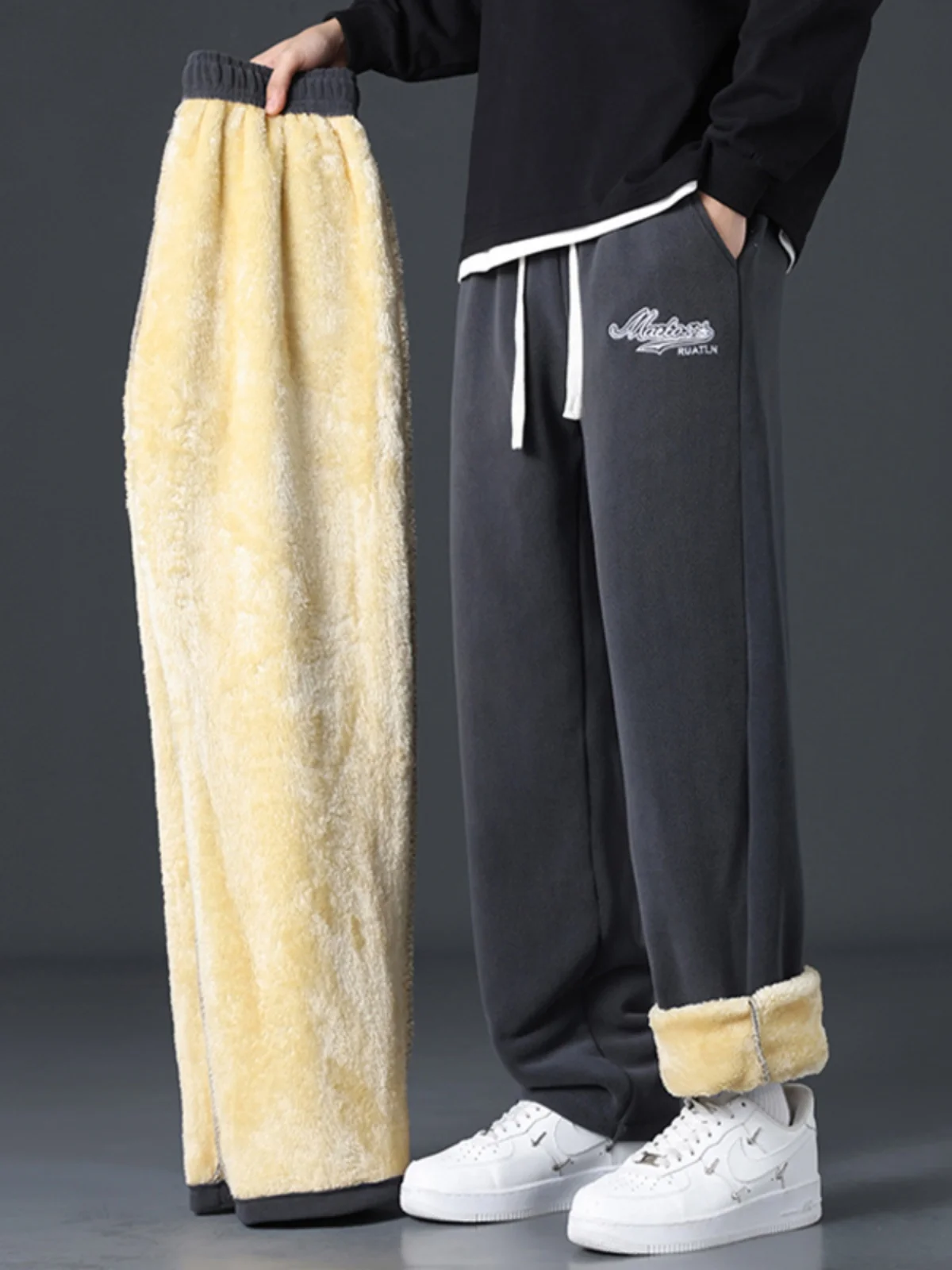 

Thiened Double-Sided Fce Men's Winter Casual Pants Youth Lamb Velvet Warm Straight Leg Long Trousers Faionable Casual ...