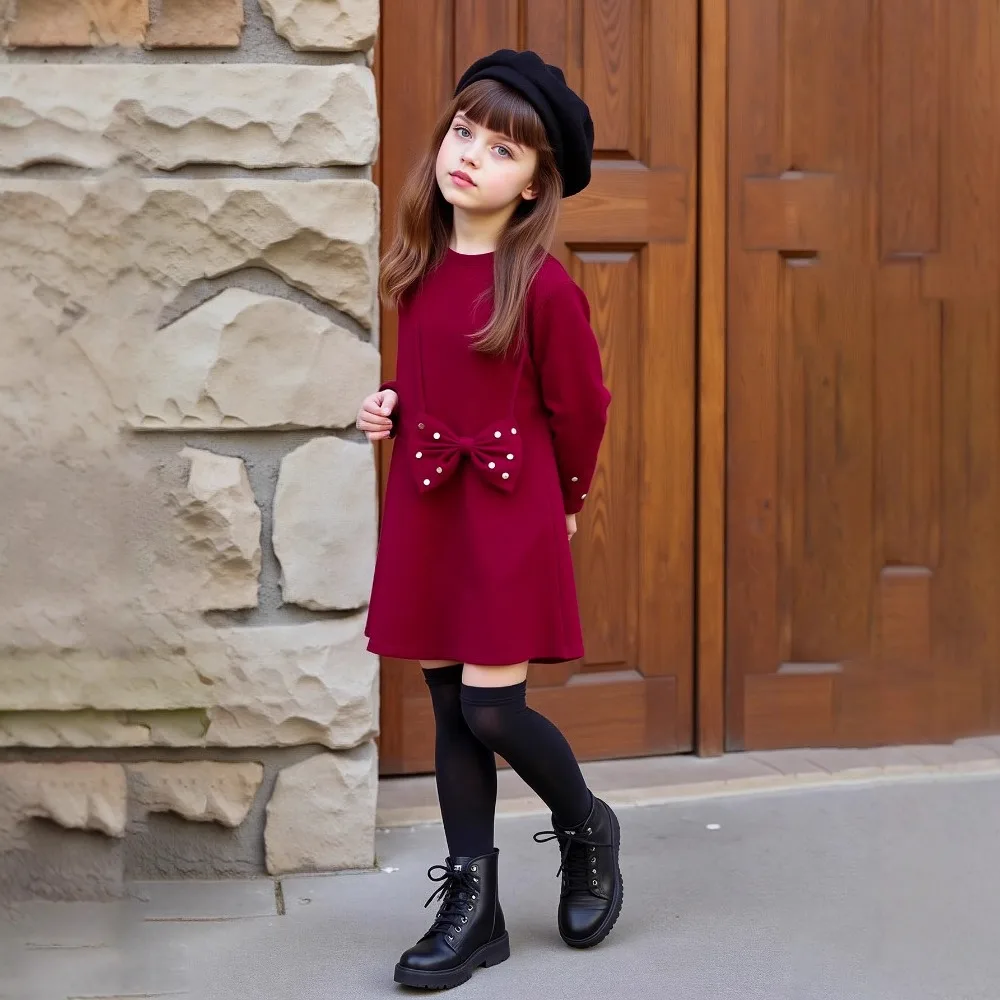 New Arrival Girls Burgundy Dress with Detachable Bow Decoration Fall Spring Elegant Party Dress for Kids  for 100-140cm