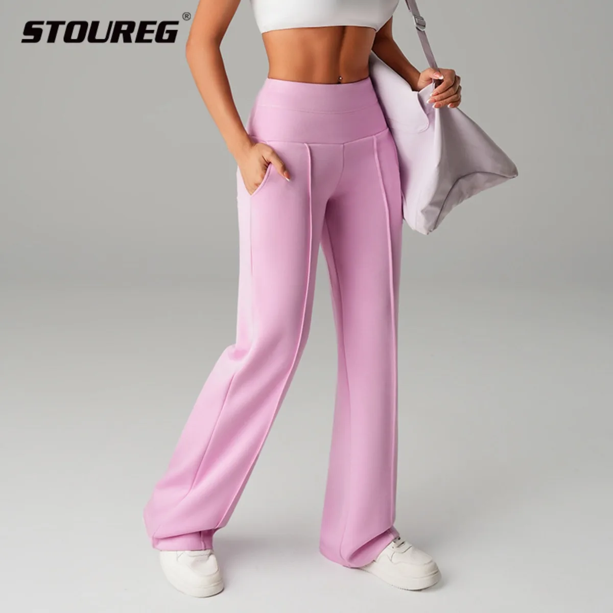 STOUREG High Waisted Yoga Pants for Women, Loose Wide Leg Workout Trousers with Pockets for Running and Outdoor Exercise