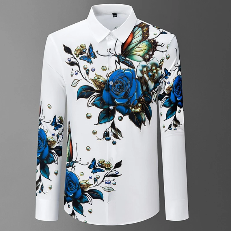 Heavy Industry Rhinestone 3D Printed Men's Shirt Autumn Luxury Long Sleeved Casual Business Shirts Social Banquet Party Tops