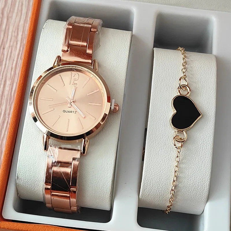 2pcs Business Fashion Womens Watch Elegant Golden Quartz Wristwatch Heart Charm Bracelet Set Montre Femme Relojes Para Damas