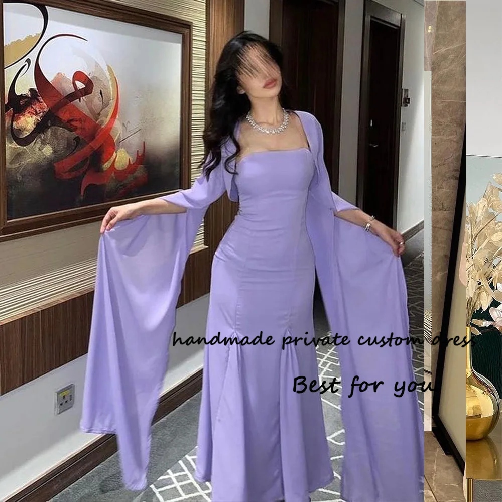 

Lavender Satin Mermaid Evening Dresses with Jacket Arabic Dubai Formal Prom Dress Floor Length Celebrate Event Gowns